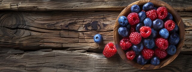 Professional sharp banner showcasing vibrant fresh berries and raspberries in a rustic wooden bowl, positioned on the right against a natural background with copy space on the left - obrazy, fototapety, plakaty