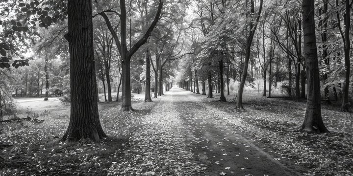 A serene black and white photo of a path in the woods. Suitable for nature and outdoor themes