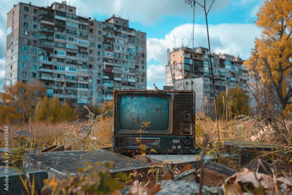 Poster an old television set on a rocky surface. suitable for technology concepts