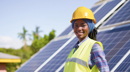 Solar electrics engineer young black woman in a protective yellow helmet smiling against the background of solar panels. concept solar panels renewable green energy. copy space