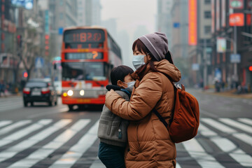 a mother, bundled in a warm jacket and fur-lined hood, embraces her child, who is wearing a bright orange jacket and a beanie. - obrazy, fototapety, plakaty