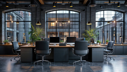 Modern urban office with sleek design spacious with computers and comfortable chairs stylish lighting. Well lit with large arched windows natural light flood. Views. - obrazy, fototapety, plakaty