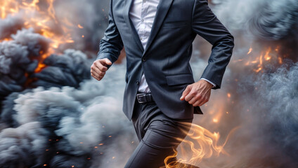 Intense scene a suited individual making a swift escape amidst a dangerous inferno and engulfing smoke, encapsulating urgency, risk and survival.