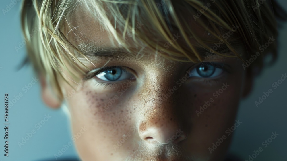 Poster close up of a young boy with freckles on his face, suitable for various projects