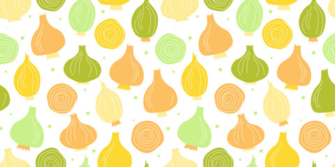 Seamless pattern with onion. Abstract natural kitchen print with vegetable. Vector graphics.