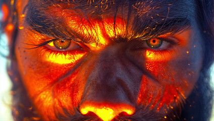 Intense closeup a human face with eyes glowing in fiery red and orange hues, creating enigmatic mood.