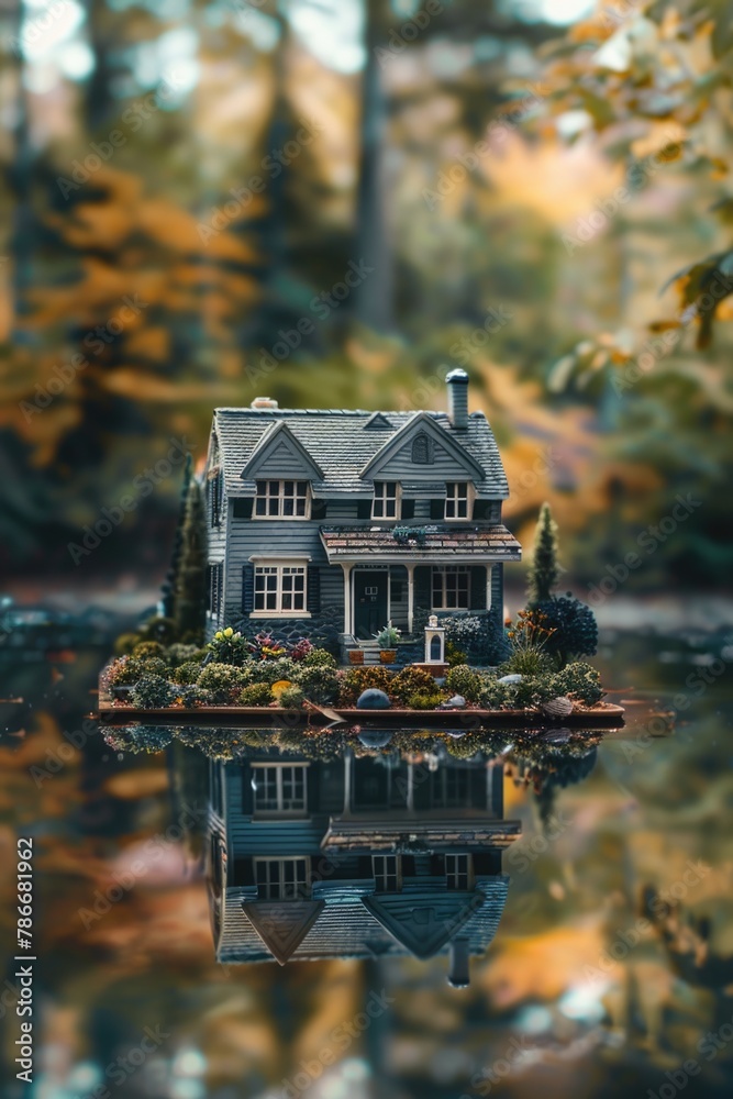 Poster a small house sitting on top of a body of water. suitable for various design projects