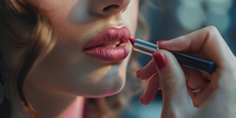 A woman applying lipstick on her lips. Suitable for beauty and makeup concepts