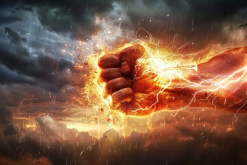 Human Strength and Dynamic Power, Clenched Fist Surrounded by Intense Lightning Energy