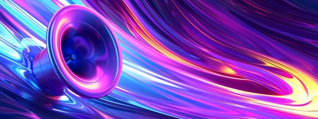 Vibrant abstract background with dynamic neon colors and a speaker, representing music and sound waves. Concept of energy, sound, and creativity.
