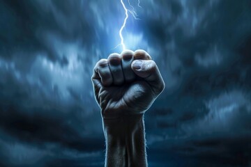 Human Strength and Dynamic Power, Clenched Fist Surrounded by Intense Lightning Energy