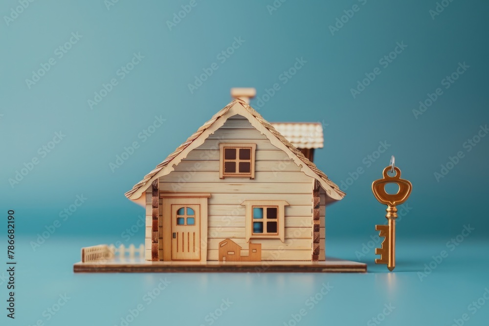 Poster a small wooden house with a key in front of it. suitable for real estate concepts