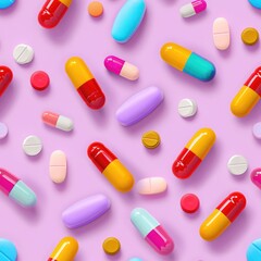 Various colored pills arranged on a vibrant pink surface. Ideal for medical and pharmaceutical concepts
