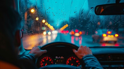 pov of a driver at rainy day at big city - 786682194