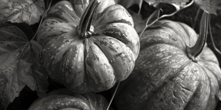 Black and white photograph of pumpkins and leaves, suitable for autumn themes