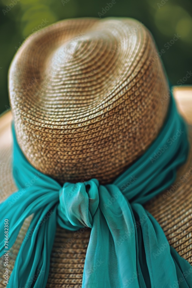 Poster A straw hat with a blue scarf around it. Perfect for summer fashion concepts