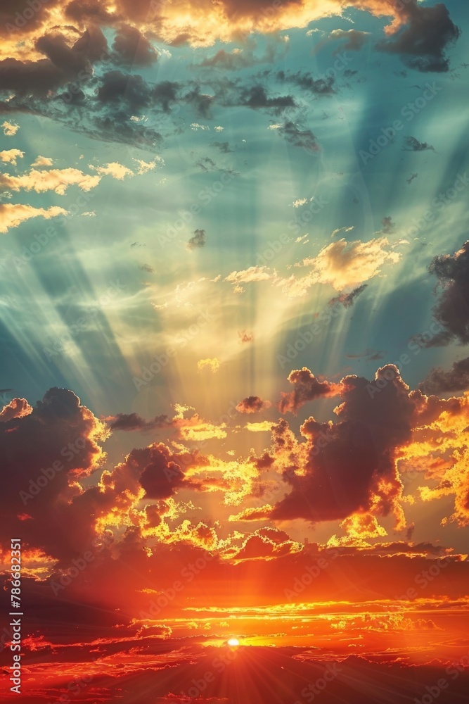 Poster bright sun rays breaking through the clouds. perfect for weather or nature concepts