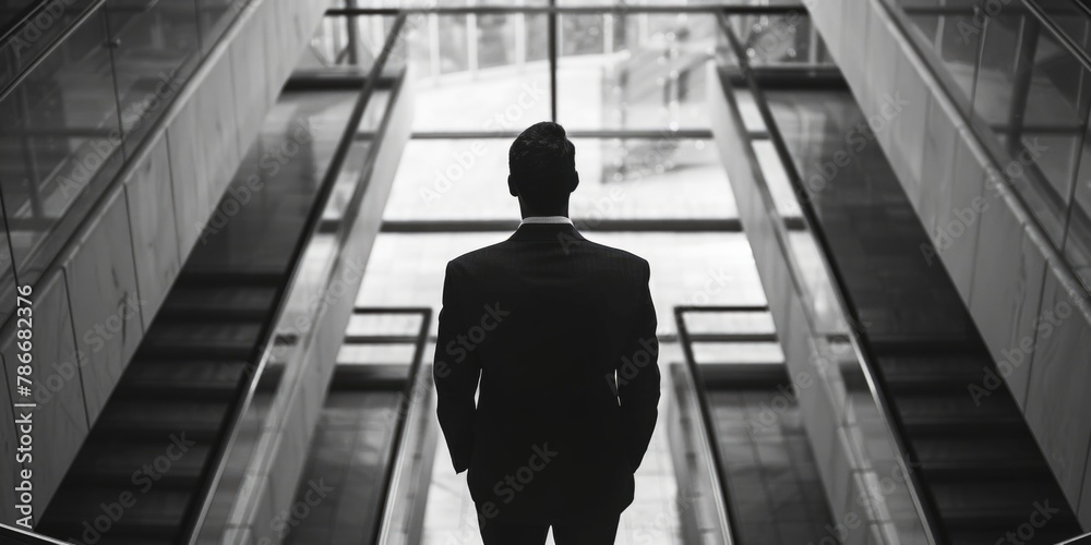 Poster A man in a business suit standing on an escalator. Suitable for corporate and business concepts