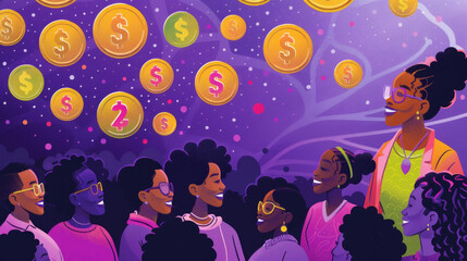 A colorful, animated scene of joyful individuals surrounded by falling coins symbolizing prosperity