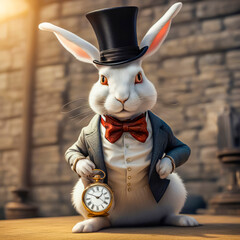 White crazy rabbit with a pocket watch from the fairy tale Alice in Wonderland