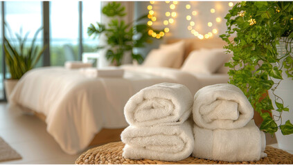 Cozy modern bedroom with neatly rolled towels, ambient lights and green plants creating a warm and inviting atmosphere.