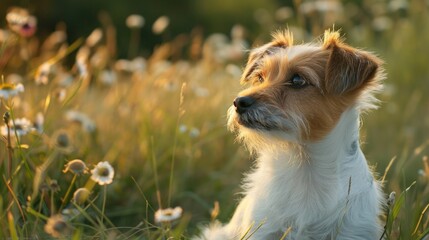 A small white and brown dog sitting in a field of colorful flowers. Perfect for pet lovers and nature enthusiasts