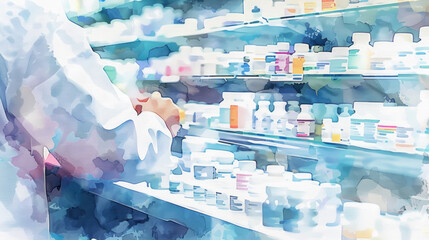 A person browsing through shelves filled with countless medicine bottles in a busy pharmacy shop - obrazy, fototapety, plakaty