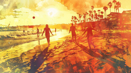 A painting of multiple individuals strolling along a sandy beach as the sun sets in the background, casting a warm golden light