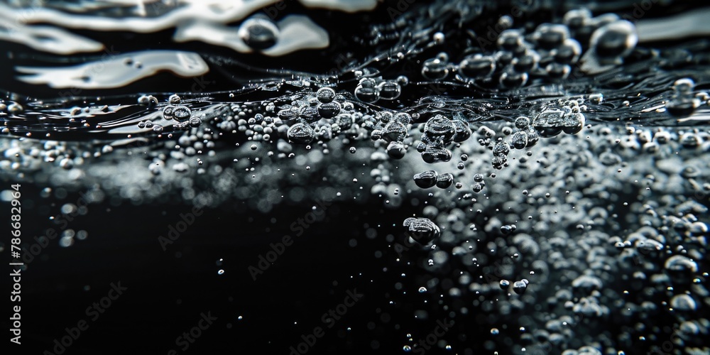 Poster close up of water bubbles on black surface. ideal for backgrounds or textures