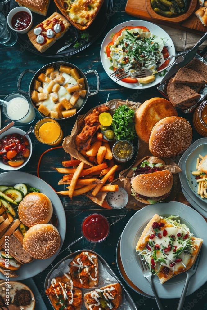 Poster assorted food items displayed on a table, suitable for food blogs or restaurant menus