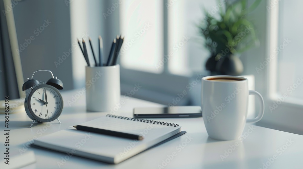 Poster A cup of coffee and a notebook on a desk. Suitable for office or workspace concepts