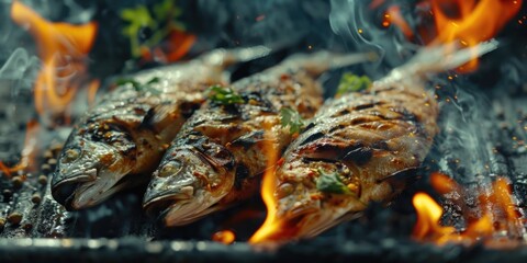 Obraz na płótnie Canvas Fresh fish cooking on a grill, perfect for seafood lovers. Ideal for restaurant menus or food blogs