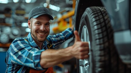 Smiling mechanic showing thumbs up with car tire in a modern car repair shop.