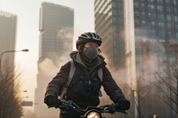 A cyclist navigates through a cityscape engulfed in morning fog air pollution, casting a serene yet somber mood bad environment. - obrazy, fototapety, plakaty