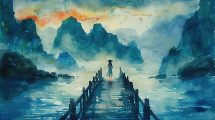 A painting featuring a person standing on a wooden pier overlooking the water - obrazy, fototapety, plakaty