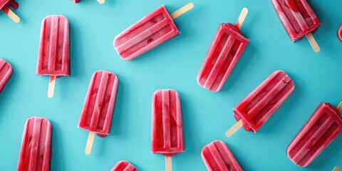Colorful popsicles arranged on a blue tabletop. Perfect for summer themed designs