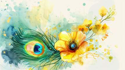 Fototapeta premium Watercolor style illustration for vishu with peacock feather and yellow flowers.