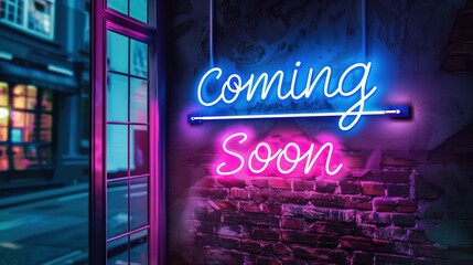 Eye-catching Magenta and Blue Neon 'Coming Soon' Sign on Brick Wall
