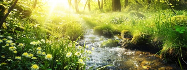 Sunlit forest stream surrounded by lush vegetation, Concept of tranquility and the natural world
