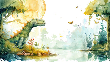 A watercolor depiction of a dinosaur standing by a lake, with vibrant colors and detailed textures capturing the prehistoric scene