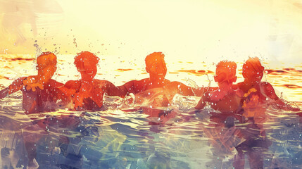 A group of individuals enjoying a swim in a body of water on a sunny day - obrazy, fototapety, plakaty