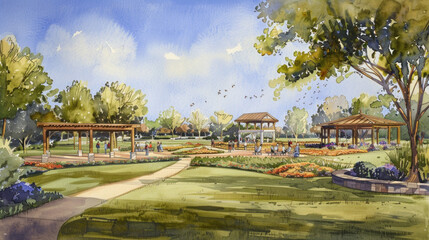 A painting depicting a park with multiple gazebos and lush trees under a sunny sky