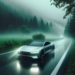 A modern fancy car. Car driving in fog. Car driving in mist and rain. Car drives in foggy weather.
