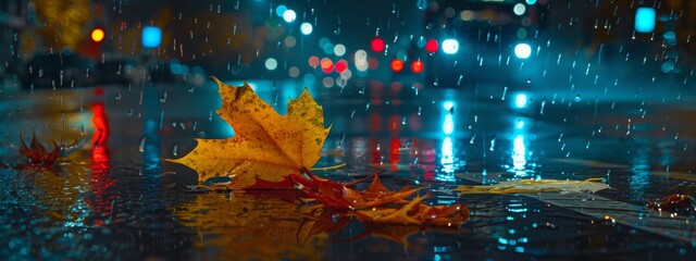 Fallen maple leaf on wet urban street under rain at night, Concept of autumn, loneliness, and melancholy in city life

