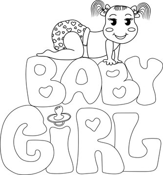 Baby girl doodle outline illustration. Hand drawn lettering Baby girl and cartoon illustration of cute baby girl in nappy. Design for greeting cards, baby showers, backgrounds.