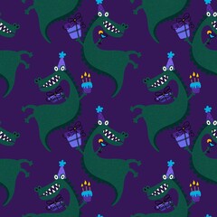 Cartoon monsters dragon seamless birthday crocodile pattern for wrapping paper and fabrics and linens and kids