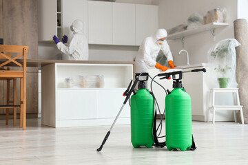 Disinfectant cylinders on floor in kitchen, closeup