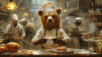 A Skilled Ursine Chef Expertly Preparing Delectable Pancakes in a Bustling Commercial Kitchen
