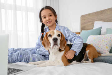 Cute little Asian girl with Beagle dog and laptop sitting in bedroom - obrazy, fototapety, plakaty
