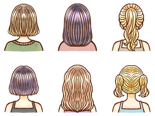 様々な髪型の大人女性の後ろ姿のイラスト素材セット